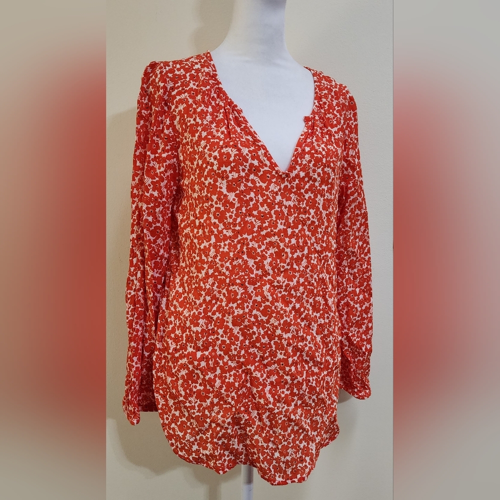 Old Navy Orange and Cream Floral Long Sleeve Bohemian Balloon Sleeve Blouse M